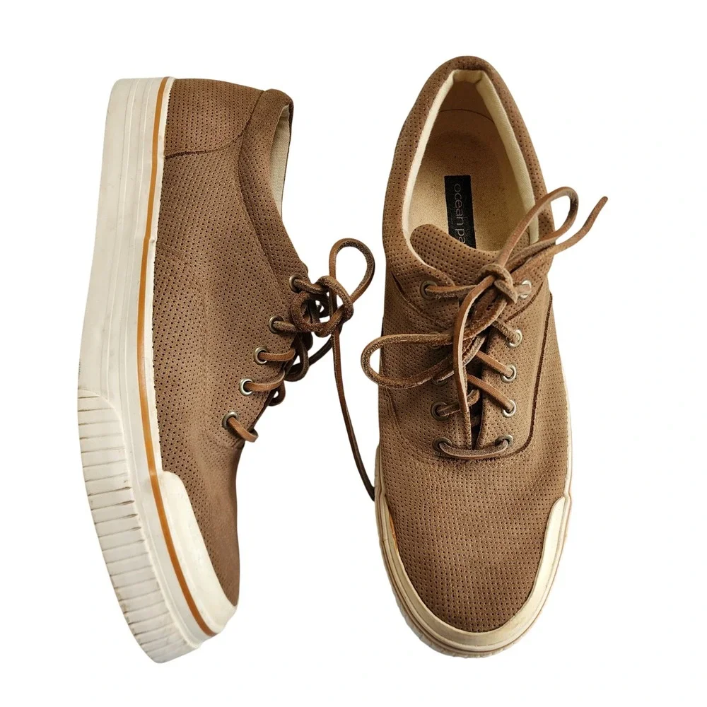 Ocean Pacific Mens Sneakers Perforated Leather Size 12 Almond Brown Skater Beach